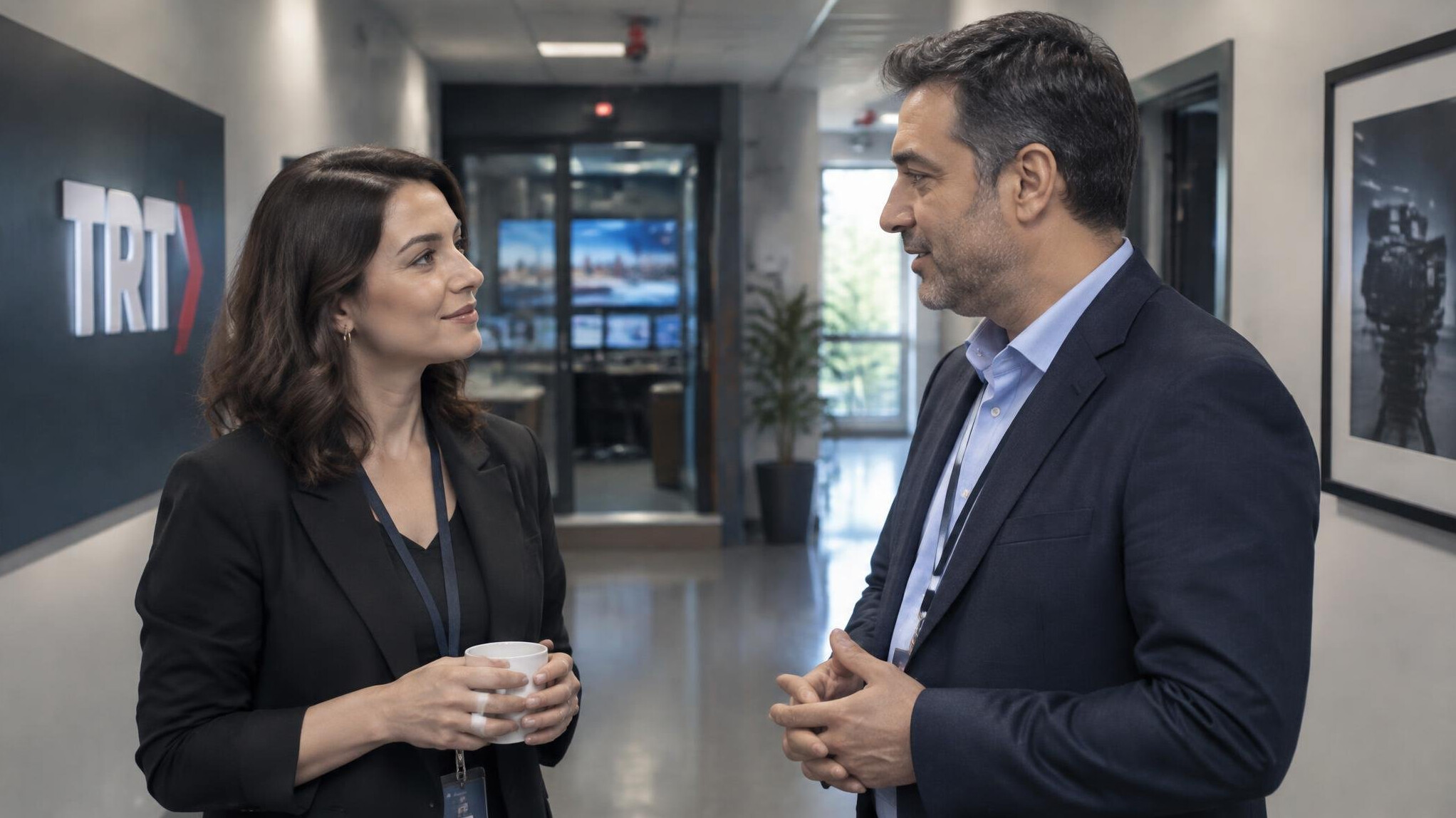 Two colleagues having a calm conversation in a studio hallway
