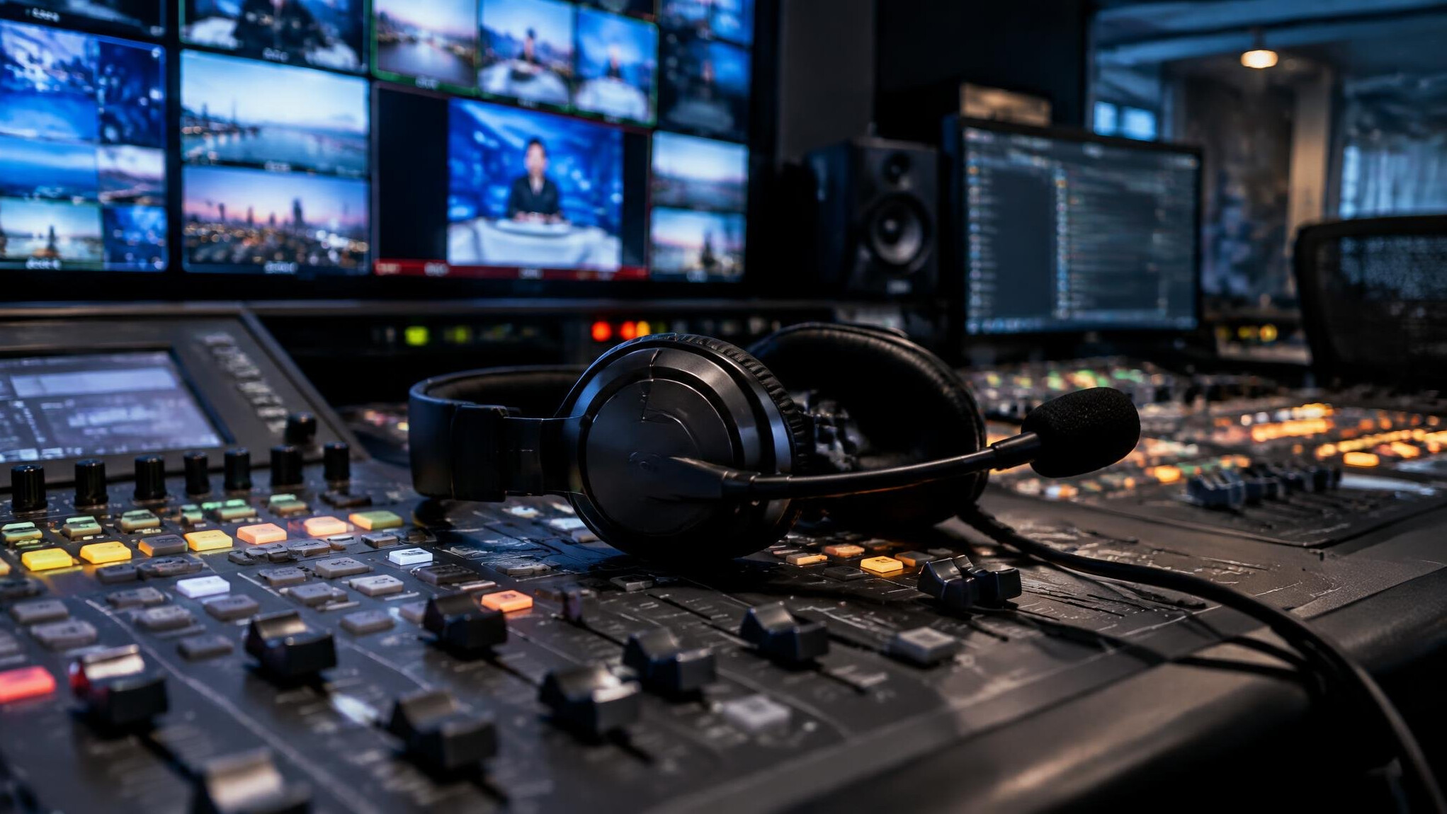 Broadcast control desk with headset and sound mixing panel
