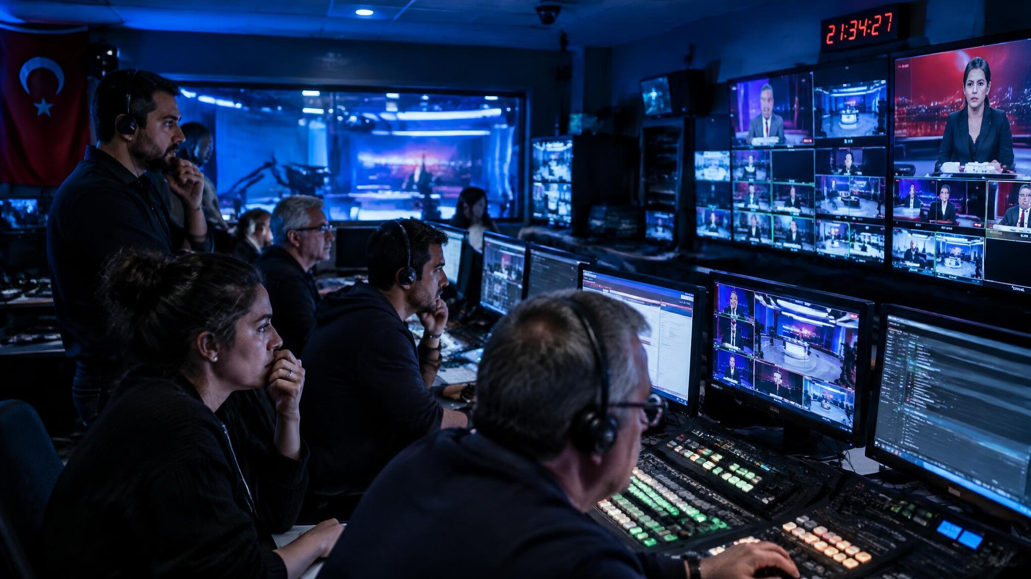 TV studio control room during a live broadcast with producers monitoring screens