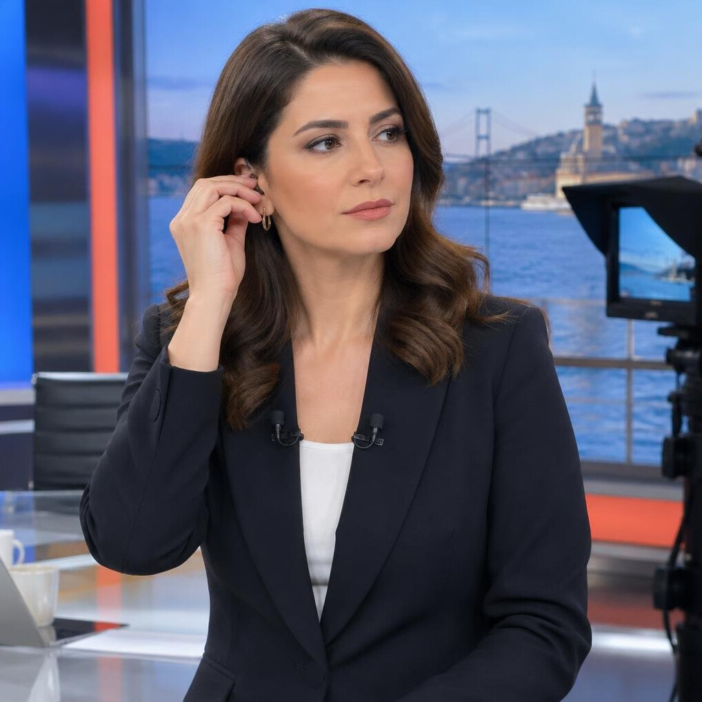 Presenter calmly adjusting earpiece before going live