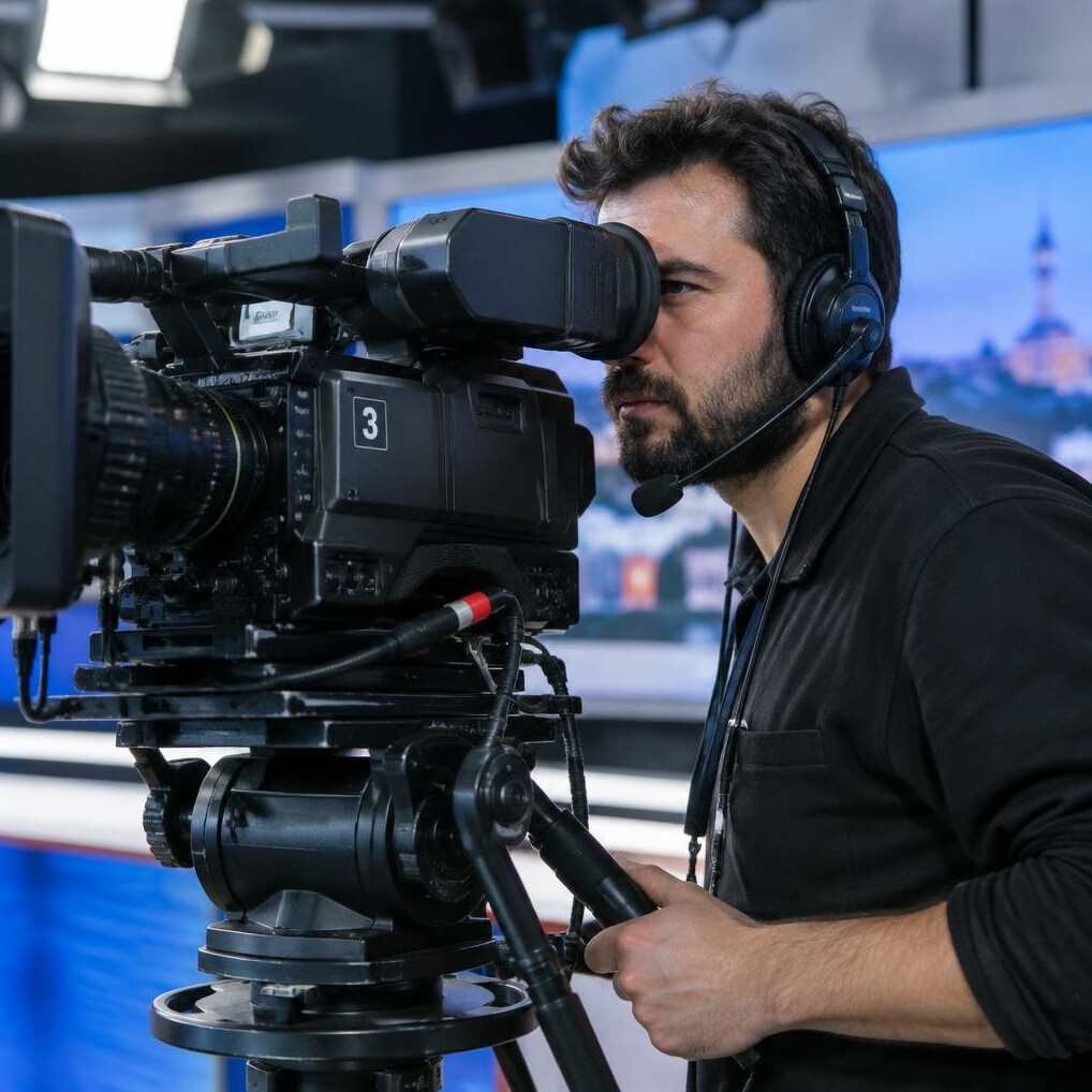 Camera operator focused on framing a live shot